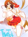  ahoge bad_id bad_pixiv_id blush bob_cut breasts brown_hair covered_nipples highres impossible_clothes impossible_shirt japanese_clothes large_breasts musubi obi red_eyes sanbasou sash sekirei shirt slender_waist solo thighhighs translated white_legwear zettai_ryouiki 