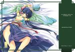  areolae arms_up bed blue_hair bracelet breasts bun_cover cover detached_sleeves double_bun doujinshi hair_bobbles hair_ornament hat japanese_clothes jewelry long_hair low-tied_long_hair lying medium_breasts no_bra no_panties on_back san_chin sangokushi_taisen shibamine_takashi smile solo very_long_hair 