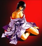  aoi_subaru bare_shoulders black_hair breasts cleavage copyright_request japanese_clothes kimono large_breasts long_hair red_eyes sitting solo 