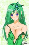  bare_shoulders blue_eyes breast_squeeze breasts cleavage earrings final_fantasy final_fantasy_iv green_hair hair_ornament jewelry large_breasts long_hair older rydia signature smile solo strap_slip yukihiro 