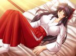  bed black_hair blush breasts brown_eyes copyright_request hakama headband highres japanese_clothes kafu large_breasts lying miko red_hakama solo 