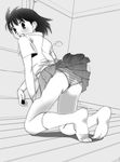  ass bad_id bad_pixiv_id blush copyright_request feet greyscale kneeling monochrome nemiosu panties skirt socks solo striped striped_panties underwear 