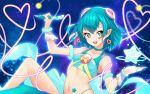  1girl aqua_eyes aqua_hair bare_shoulders breasts collarbone cure_milky earrings erect_nipples hagoromo_lala hair_ornament heart highres jewelry looking_at_viewer magical_girl medium_breasts navel open_mouth out-of-frame_censoring pointy_ears precure rumo shiny shiny_hair shiny_skin short_hair single_thighhigh smile solo star star_earrings star_hair_ornament star_twinkle_precure tank_top teeth thighhighs thong 