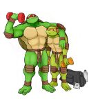  2019 2_toes anthro bandanna biceps dumbbell duo full-length_portrait headphones hi_res hyenaface knee_pads male mask michelangelo_(tmnt) muscular muscular_male portrait raphael_(tmnt) reptile scalie shell simple_background standing teenage_mutant_ninja_turtles toes turtle weights white_background 