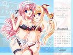  ankoromochi august belly blonde_hair blue_eyes bra breasts calendar_(medium) cleavage crossover frilled_bra frills garters hatori_mahoko headdress highres lingerie long_hair maid_bikini maid_headdress medium_breasts multiple_girls nagisano navel panties pink_hair purple_eyes reconquista sasai_saji small_breasts spoon tsukasa_yuuki twintails underwear underwear_only wallpaper yagyuu_aoi 