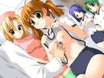  breasts character_request examination gym_uniform infirmary kirissa level_justice medium_breasts multiple_girls navel nipples sasaki_tamaru shirt_lift stethoscope 