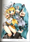  absurdres blonde_hair blue_eyes detached_sleeves green_eyes green_hair hatsune_miku headphones highres huge_filesize kagamine_rin kei_(keigarou) long_hair multiple_girls pointing scan short_hair shorts skirt thighhighs twintails v very_long_hair vocaloid 