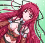  bow breasts cleavage copyright_request covered_nipples detached_sleeves large_breasts long_hair midriff navel necktie red_eyes red_hair ribbon solo tajima_nao very_long_hair 