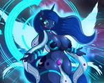  2019 anthro anthrofied areola big_breasts blue_hair breasts cutie_mark digital_media_(artwork) ear_piercing equine female friendship_is_magic hair hi_res horn huge_breasts long_hair mammal my_little_pony navel nipples piercing princess_luna_(mlp) smile solo suirano 