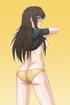  ass blush breasts brown_hair butt_crack from_behind looking_back medium_breasts misnon_the_great muvluv muvluv_alternative nipples panties purple_eyes shirt_lift solo takamura_yui underwear yellow_panties 