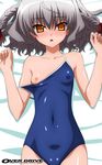  absurdres bell_zephyr blush braid competition_school_swimsuit covered_nipples flat_chest grey_hair highres lying night_wizard nipples on_back one-piece_swimsuit one_breast_out open_mouth orange_eyes saliva school_swimsuit solo sugimura_tomokazu swimsuit twin_braids 