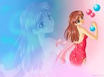  blue_eyes brown_hair christmas copyright_request dress long_hair paula_pink ribbon smile solo sparkle toy wallpaper zoom_layer 