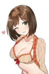  1girl arms_behind_back bikini_top blush breasts brown_hair collarbone commentary_request green_eyes heart idolmaster idolmaster_cinderella_girls looking_at_viewer maekawa_miku medium_breasts navel one_eye_closed short_hair sketch solo takeashiro tongue tongue_out upper_body white_background 