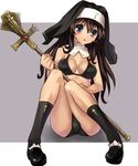  :o bikini black_bikini black_footwear black_legwear blue_eyes blush breasts brown_hair cross cross_print frame full_body habit holding katahira_masashi kneehighs long_hair looking_at_viewer medium_breasts nun original scepter sitting socks solo swimsuit 