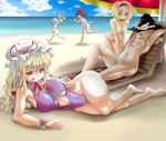  &gt;_&lt; :p alice_margatroid angry arms_behind_head assisted_exposure barefoot beach bikini bikini_tan black_hair blonde_hair blue_hair bow breasts censored chasing child cirno clenched_hands closed_eyes clothes_theft cloud curvy day feet flat_chest fundoshi green_eyes hair_bow hairband hakurei_reimu hand_on_hip hat highres japanese_clothes kirisame_marisa kneeling large_breasts long_hair lying mayo_(inumayo) multiple_girls navel navel_cutout novelty_censor nude ocean on_side one-piece_swimsuit open_mouth outdoors pasties plump purple_eyes ribbon running sand sarashi short_hair sideboob sky sleeping star swimsuit swimsuit_theft tan tanline theft thighs tongue tongue_out touhou umbrella water wide_hips witch_hat yakumo_yukari 