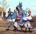  anthro avian beak bird blush breath_of_the_wild clothed clothing crossdressing furikake gerudo_outfit kass_(zelda) male nintendo revali rito teba_(zelda) the_legend_of_zelda video_games 