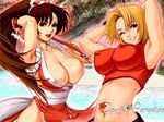  armpits arms_up beach blonde_hair blue_mary breasts brown_hair cleavage covered_nipples fatal_fury fingerless_gloves gloves halterneck huge_breasts long_hair midriff multiple_girls one_eye_closed pelvic_curtain ponytail saigadou shiranui_mai short_hair smile the_king_of_fighters wallpaper water 