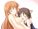  animal_ears blush breast_grab breasts brown_hair charlotte_e_yeager closed_eyes grabbing large_breasts long_hair miyafuji_yoshika multiple_girls nude one-piece_swimsuit orange_hair safi school_swimsuit short_hair small_breasts strike_witches swimsuit world_witches_series yuri 