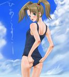  adjusting_clothes adjusting_swimsuit ass back blue_eyes blush brown_hair copyright_request one-piece_swimsuit rasukaru school_swimsuit solo swimsuit twintails 