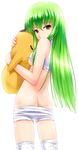  40010prototype ass back bangs breasts butt_crack c.c. cheese-kun code_geass green_hair highres long_hair looking_back medium_breasts pizza_hut shorts simple_background solo tank_top thighhighs underboob white_background white_legwear yellow_eyes 