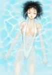  afloat black_hair breasts caustics closed_eyes hair_spread_out large_breasts lying navel on_back original parted_lips pool rasukaru short_hair slingshot_swimsuit solo swimsuit water white_swimsuit 