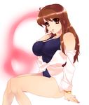  asahina_mikuru_(adult) breasts brown_eyes brown_hair large_breasts long_hair nail_polish one-piece_swimsuit solo suzumiya_haruhi_no_yuuutsu swimsuit tashimo 