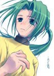  green_eyes green_hair higurashi_no_naku_koro_ni long_hair ponytail solo sonozaki_mion translated umiichi_kurage upper_body 