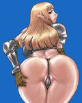  armor ass blonde_hair blue_background blue_eyes cameltoe copyright_request curvy elbow_gloves elf from_behind gloves lips long_hair looking_back lowres matoyama oekaki pointy_ears solo 