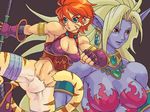  abs animal_ears bandages belly blonde_hair blue_skin bottomless breasts breath_of_fire breath_of_fire_ii cat_ears cat_tail covered_nipples dual_persona fur gloves green_eyes jewelry large_breasts medium_breasts multiple_girls muscle navel necklace nude red_eyes red_hair rinpoo_chuan staff tail torashiro_eiji 