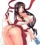  :o arched_back ass bad_anatomy bad_id bad_pixiv_id bandages bent_over black_hair breasts cleavage fundoshi hair_ribbon hakama headband highres holding huge_breasts japanese_clothes long_hair low-tied_long_hair miko nakamura_yukitoshi official_art ofuda queen's_blade red_hakama revealing_clothes ribbon ribbon-trimmed_sleeves ribbon_trim sarashi thighs tomoe twisted_torso 