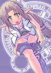  angry bent_over blue_legwear blush braid breasts brown_hair d: elly_person long_hair looking_at_viewer magic_circle medium_breasts midriff open_mouth panties phantasy_star phantasy_star_online pointy_ears pulled_by_self purple_background ryou shorts shorts_pull silver_hair single_braid single_thighhigh sleeveless solo striped striped_panties thighhighs underwear undressing v-shaped_eyebrows very_long_hair vest yellow_eyes 