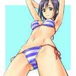  armpits bikini blue_eyes blue_hair d.gray-man lenalee_lee mosha navel short_hair side-tie_bikini solo striped striped_bikini swimsuit 