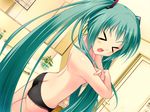  &gt;_&lt; amino_kohaku ass bathroom black_panties butt_crack closed_eyes covering green_hair hatsune_miku lace lace-trimmed_panties long_hair open_mouth panties solo topless twintails underwear underwear_only very_long_hair vocaloid 