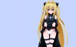  bare_shoulders blonde_hair blush detached_sleeves highres konjiki_no_yami long_hair non-web_source panties red_eyes skirt skirt_lift solo strap thigh_strap to_love-ru two_side_up underwear very_long_hair wallpaper 