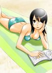  ass back beach bikini black_hair book breasts day fujiyoshi_harumi glasses large_breasts lying manga_(object) on_stomach reading sakebuotoko sayonara_zetsubou_sensei short_hair solo swimsuit towel yellow_eyes 