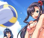  age_difference ahoge amaya_haruko ball bangs bikini blue_eyes blue_hair blue_sky blush bow bow_bikini breasts cleavage close-up cloud cropped day earrings flower from_side hair_between_eyes hair_flower hair_intakes hair_ornament happy hibiscus hoop_earrings jewelry large_breasts light_rays long_hair long_ponytail looking_at_viewer maken-ki! mature micro_bikini motion_blur multiple_girls nijou_aki official_art one_eye_closed open_mouth outdoors pink_bikini pink_bow portrait purple_eyes side_ponytail sideboob sidelocks sky smile splashing strap_gap sunbeam sunlight swimsuit takeda_hiromitsu underboob upper_body v_arms volleyball water wet wince 