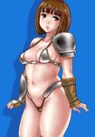  armor black_panties blue_background breasts brown_eyes brown_hair copyright_request curvy highleg highleg_panties large_breasts lips lowres matoyama oekaki panties solo thong underwear 