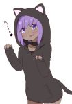  1girl :d alternate_costume animal_ears animal_hood bangs black_hoodie blush cat_ears cat_girl cat_hood cat_tail collarbone cowboy_shot eyebrows_visible_through_hair fate/prototype fate/prototype:_fragments_of_blue_and_silver fate_(series) hair_between_eyes hands_up hassan_of_serenity_(fate) head_tilt hood hood_up hoodie i.u.y long_sleeves open_mouth pinching_sleeves purple_eyes purple_hair sidelocks simple_background sleeves_past_wrists smile solo tail translation_request white_background 