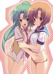  blue_eyes brown_hair green_eyes green_hair green_panties higurashi_no_naku_koro_ni houmitsu long_hair lowleg lowleg_panties multiple_girls panties red_panties ryuuguu_rena school_uniform serafuku short_hair sonozaki_mion striped striped_panties underwear yuri 