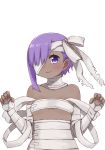  1girl asymmetrical_bangs bandage bandage_over_one_eye bandaged_arm bandages bangs blush breasts closed_mouth dark_skin eyebrows_visible_through_hair fate/prototype fate/prototype:_fragments_of_blue_and_silver fate_(series) hair_over_one_eye hands_up hassan_of_serenity_(fate) i.u.y naked_bandage purple_eyes purple_hair simple_background small_breasts solo upper_body white_background 