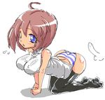  ahoge all_fours blue_eyes breasts brown_hair chris_(mario) copyright_request covered_nipples large_breasts oekaki panties short_hair solo striped striped_panties thighhighs underwear 