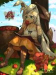  2girls :d animal animal_ears artist_name bare_shoulders black_sleeves blue_eyes blue_sky blush book boots bow_(weapon) breasts brown_footwear bunny_ears character_request cloud cloudy_sky collarbone commentary day detached_sleeves dragalia_lost dragon eating english_commentary fairy fairy_wings fingernails food grass hand_up hentaki highres holding holding_food knee_boots long_hair long_sleeves minigirl multiple_girls mushroom on_grass on_ground open_book open_mouth orange_skirt outdoors reading red_hair round_teeth sitting skirt sky small_breasts smile teeth tree_shade upper_teeth very_long_hair watermark weapon web_address white_hair wings 