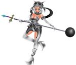  1girl angol_fear armor bare_shoulders breasts cross elbow_gloves gloves hat high_heels keroro_gunsou large_breasts polearm shoes short_hair solo soulcalibur soulcalibur_iv stiletto_heels thighhighs weapon white_eyes white_hair 