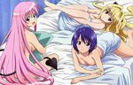  barefoot bed bed_sheet blonde_hair blue_eyes blue_hair brown_eyes green_eyes green_pillow konjiki_no_yami kutsuzawa_youko lala_satalin_deviluke long_hair lowres multiple_girls non-web_source pillow pink_hair sairenji_haruna short_hair tail to_love-ru two_side_up 