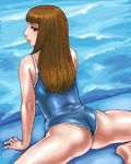  arm_support ass barefoot brown_eyes brown_hair lips long_hair looking_back lowres lying matoyama oekaki on_stomach one-piece_swimsuit original solo spread_legs swimsuit 