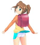  ass backpack bag blue_eyes brown_hair flat_ass idolmaster idolmaster_(classic) idolmaster_1 looking_back miniskirt nishi_(count2.4) panties pantyshot raglan_sleeves randoseru skirt solo takatsuki_yayoi twintails underwear white_panties wind wind_lift 