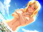  beach blonde_hair blush bomi breasts cleavage cloud covering covering_breasts crossed_arms day embarrassed enomoto_madoka frown game_cg green_eyes jewelry large_breasts navel necklace ocean outdoors sim_love_~hitonatsu_no_kiseki~ sky solo topless water wet 
