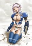  armor asuru_(armor) beltbra blue_legwear blush breasts cloud garter_belt groin kneeling large_breasts midriff monster_hunter on_ground open_clothes open_shirt outdoors panties purple_hair rasukaru red_eyes seiza shirt short_hair sitting sky solo tears thighhighs underwear 