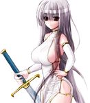  breasts huge_breasts kuroore long_hair mabinogi morrighan red_eyes sideboob silver_hair sketch solo sword weapon 