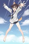  :d animal_ears bangs bare_legs barefoot black_neckwear black_swimsuit blue_sky blush brown_eyes brown_hair cloud day dog_ears dog_tail feet floating full_body long_sleeves looking_at_viewer miyafuji_yoshika neckerchief no_pants one-piece_swimsuit open_mouth outdoors outstretched_arms satou_atsuki school_swimsuit short_hair sky smile solo spread_fingers strike_witches swimsuit swimsuit_under_clothes tail tareme world_witches_series 